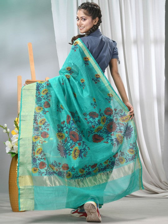DESH BIDESH Floral Printed Saree with Zari Border and Unstitched Blouse Piece