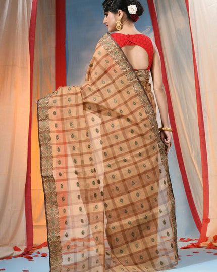 Exquisite Orange Pure Cotton Taant Saree with Ethnic Woven Design Border