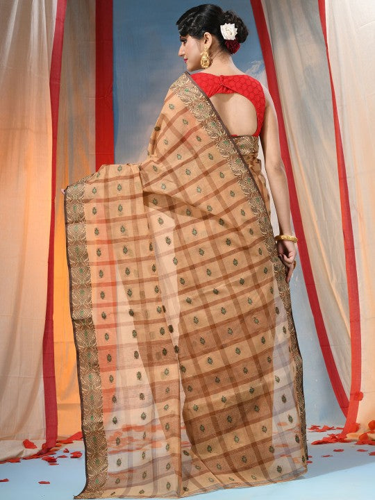 Exquisite Orange Pure Cotton Taant Saree with Ethnic Woven Design Border