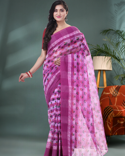 Women’s Bengal Tant Banphul Print Pure Handloom Cotton Saree – Without Blouse Piece