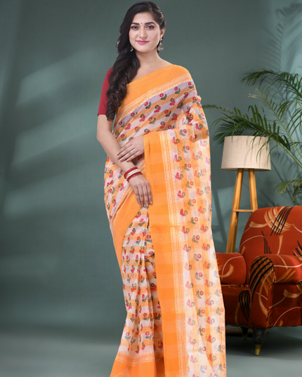 Women’s Bengal Tant Banphul Print Pure Handloom Cotton Saree – Without Blouse Piece