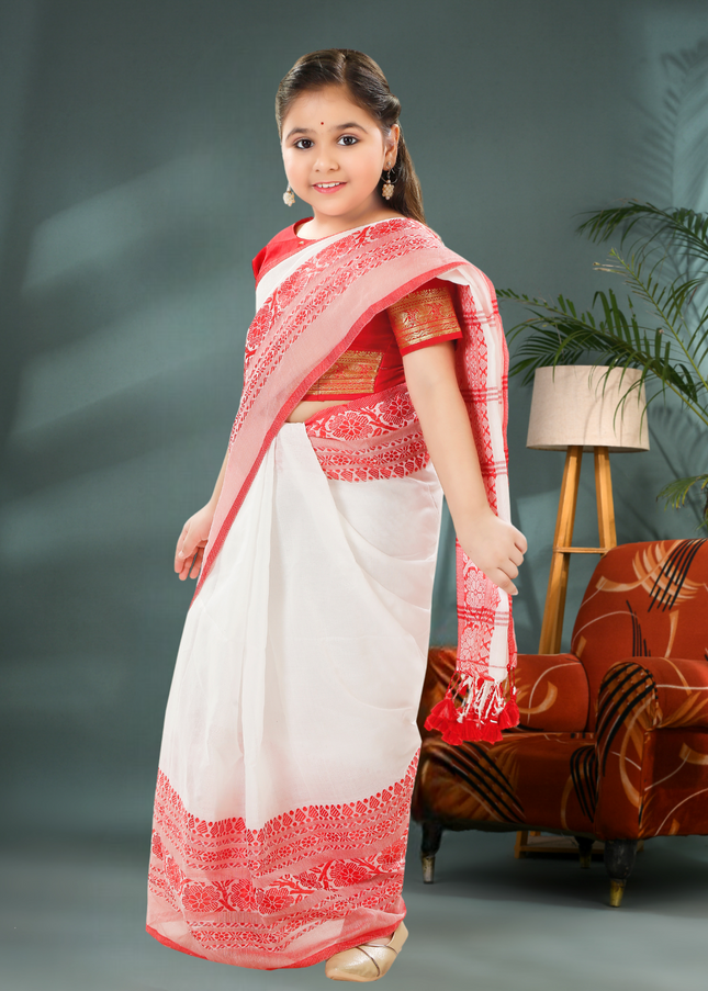 Pure Cotton Handloom Begampuri Zari White Red Saree For Kids