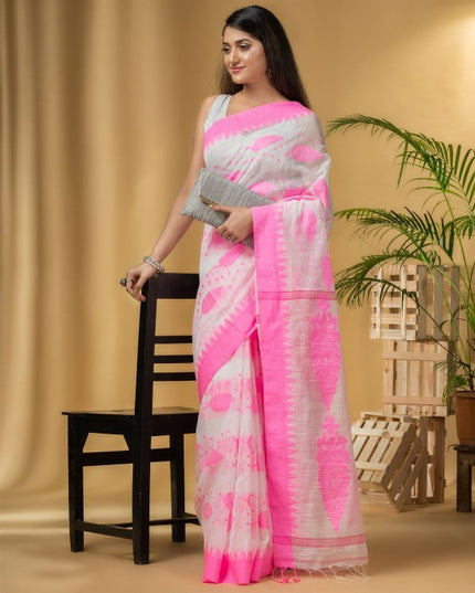 Elegant Pink & White Pure Cotton Woven Design Saree for Women