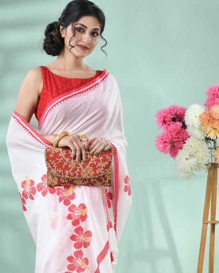 Exquisite Floral Printed Handloom Saree: Red & White, Cotton Blend, Traditional Indian Wear