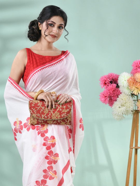 Exquisite Floral Printed Handloom Saree: Red & White, Cotton Blend, Traditional Indian Wear