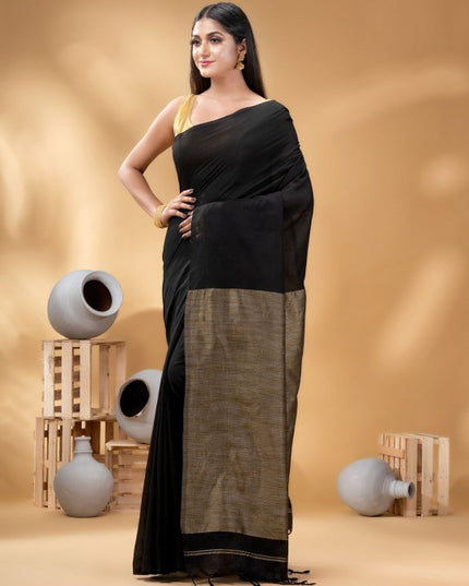 DESH BIDESH Elegant Black Beige Colourblocked Pure Cotton Saree, Traditional Indian Attire