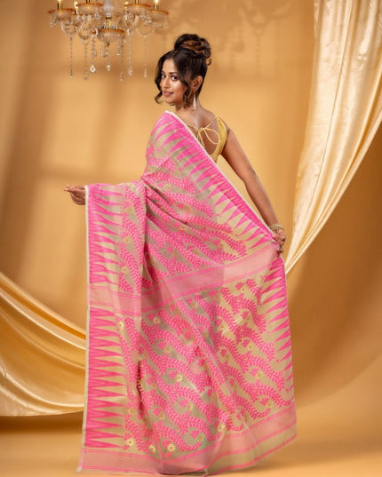 Exquisite Pink Cream Woven Jamdani Pure Cotton Saree for Women