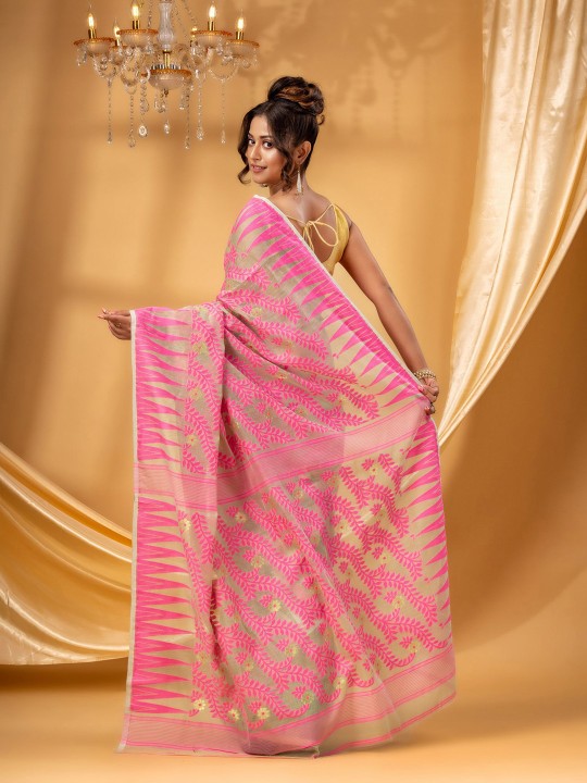 Exquisite Pink Cream Woven Jamdani Pure Cotton Saree for Women