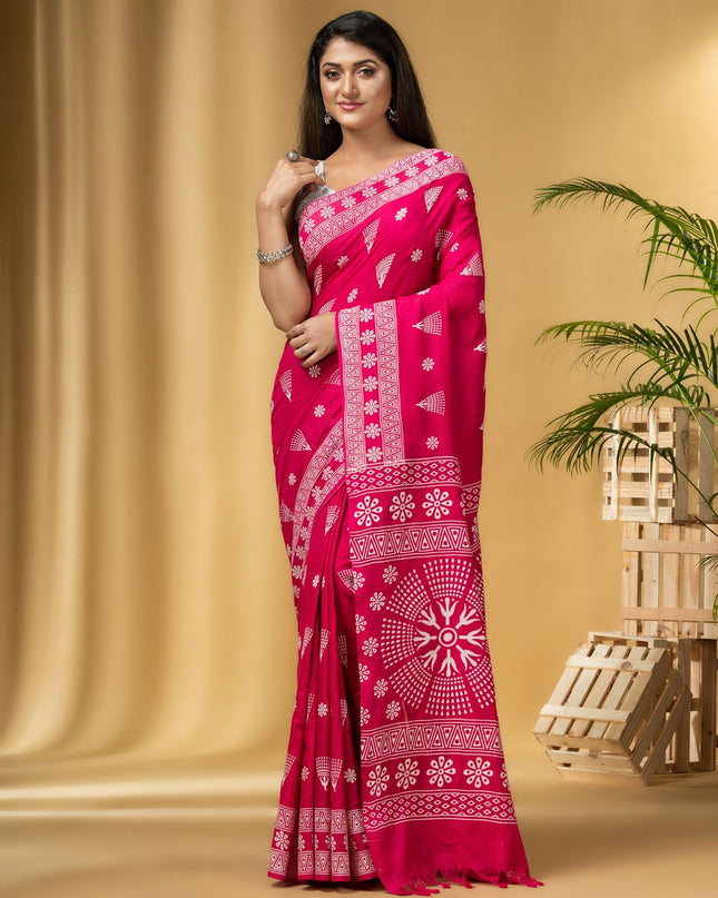 DESH BIDESH Pink & White Paisley Pure Cotton Designer Taant Saree for Women