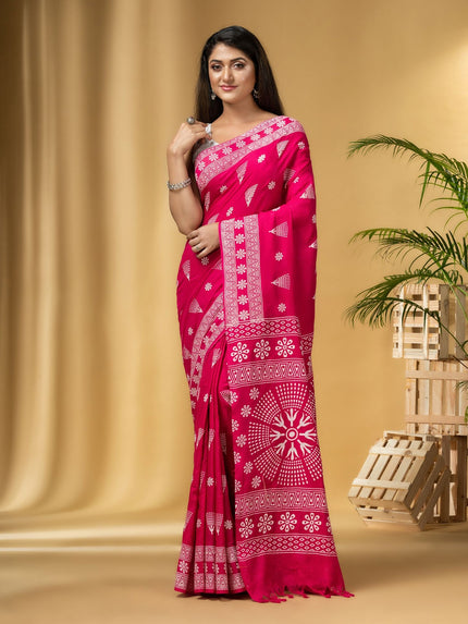 DESH BIDESH Pink & White Paisley Pure Cotton Designer Taant Saree for Women