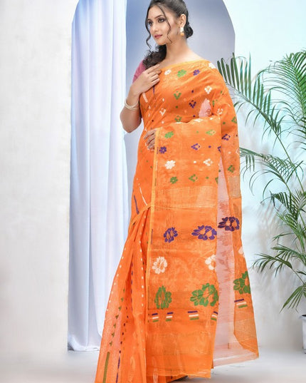 DESH BIDESH Orange Green Woven Zari Pure Cotton Jamdani Saree