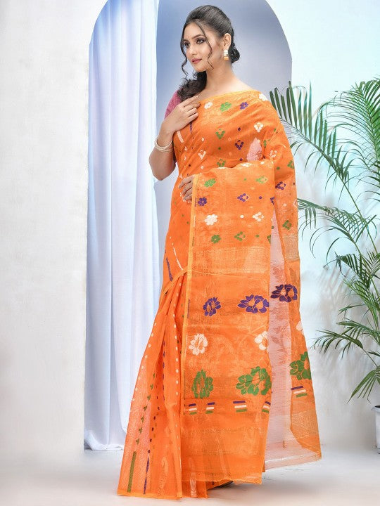 DESH BIDESH Orange Green Woven Zari Pure Cotton Jamdani Saree