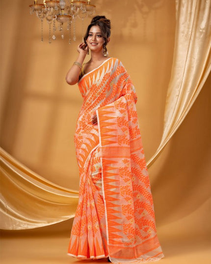 Exquisite DESH BIDESH Pure Cotton Jamdani Saree: Handwoven Elegance with Intricate Design