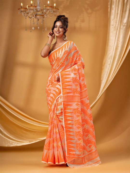 Exquisite DESH BIDESH Pure Cotton Jamdani Saree: Handwoven Elegance with Intricate Design