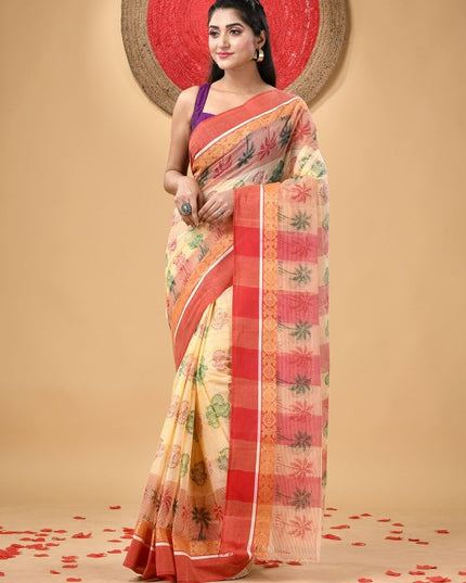 Exquisite Floral Printed Pure Cotton Block Print Saree with Woven Design Border