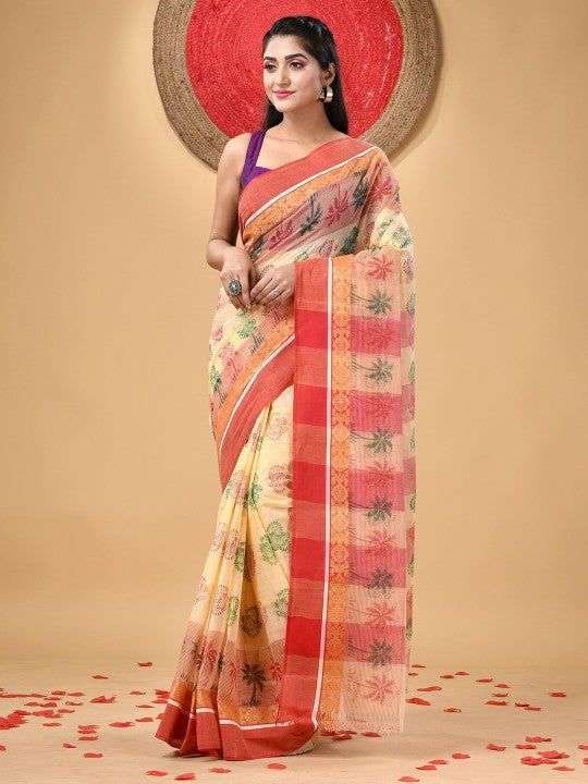 Exquisite Floral Printed Pure Cotton Block Print Saree with Woven Design Border