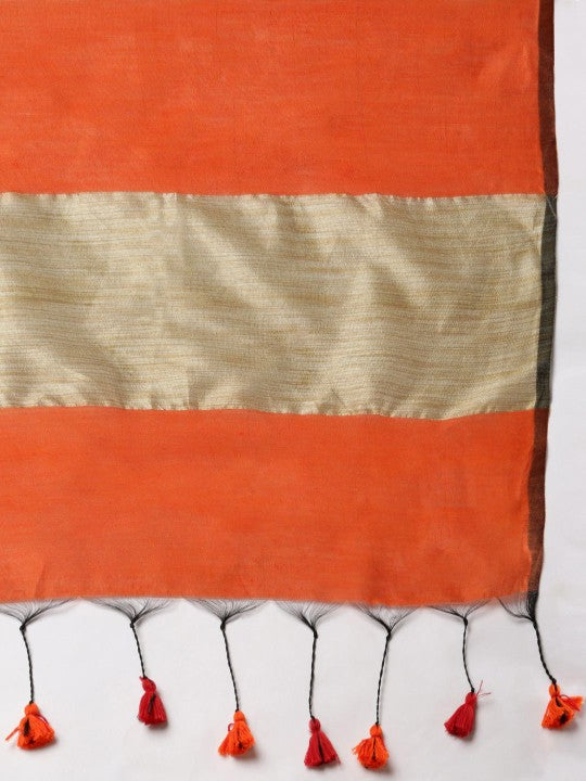 Exquisite Striped Red & Gold-Toned Silk Cotton Saree with Unstitched Blouse Piece