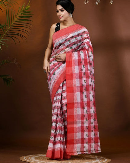 Exquisite Floral Pure Cotton Block Print Saree with Woven Border