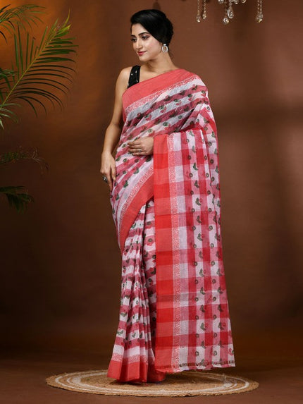 Exquisite Floral Pure Cotton Block Print Saree with Woven Border