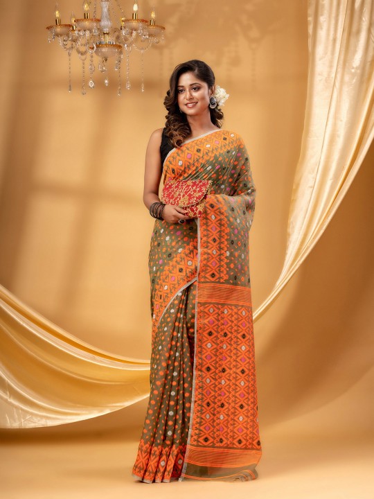 Exquisite DESH BIDESH Pure Cotton Jamdani Saree with Woven Design Border