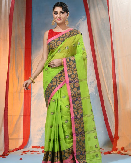 Exquisite Green Floral Pure Cotton Saree with Woven Design Border