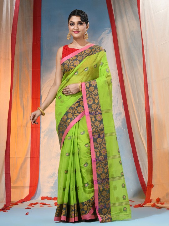 Exquisite Green Floral Pure Cotton Saree with Woven Design Border