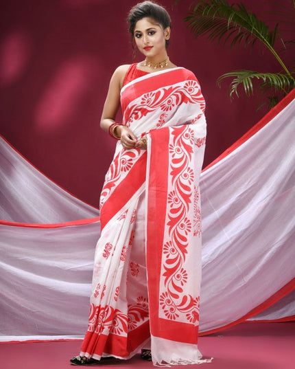Exquisite Red & White Pure Cotton Saree with Woven Zari Design & Solid Border