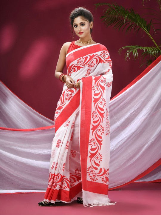 Exquisite Red & White Pure Cotton Saree with Woven Zari Design & Solid Border
