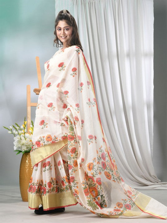 DESH BIDESH Elegant Floral Printed Saree with Solid Border and Unstitched Blouse
