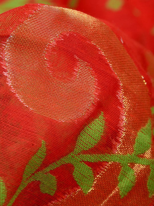 DESH BIDESH Floral Jamdani Saree: Elegant Red Green Woven Design Traditional Wear