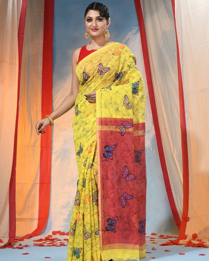 Exquisite Yellow Handloom Saree with Abstract Printed Butterfly Design & Blouse Piece