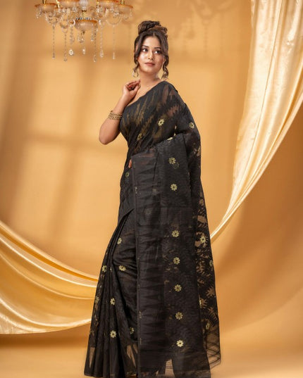 DESH BIDESH Black Gold Woven Pure Cotton Jamdani Saree Ethnic Motifs Women's