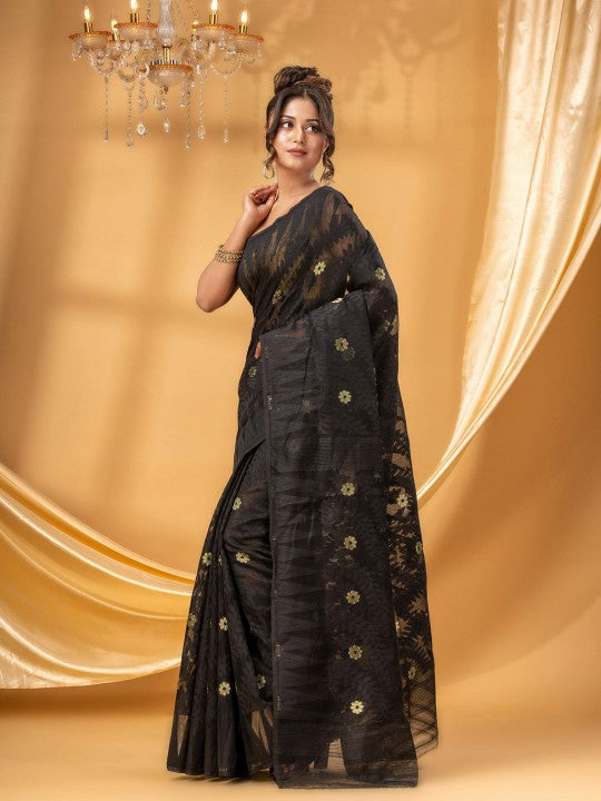 DESH BIDESH Black Gold Woven Pure Cotton Jamdani Saree Ethnic Motifs Women's