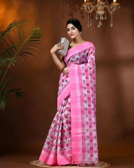 Exquisite Pink & White Pure Cotton Tant Saree with Ethnic Motifs
