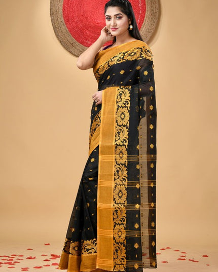 DESH BIDESH Black & Yellow Pure Cotton Taant Saree with Ethnic Woven Motifs