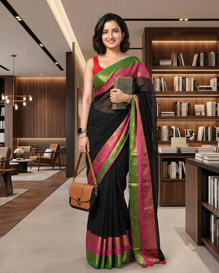 dB DESH BIDESH Women's Kanjivaram Soft Cotton Linen Silk Saree Rajrani Design Latest, Fancy South India Style Saree With Blouse Piece (Black Saree)