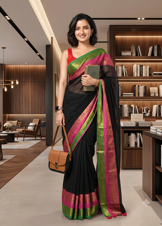 dB DESH BIDESH Women's Kanjivaram Soft Cotton Linen Silk Saree Rajrani Design Latest, Fancy South India Style Saree With Blouse Piece (Black Saree)