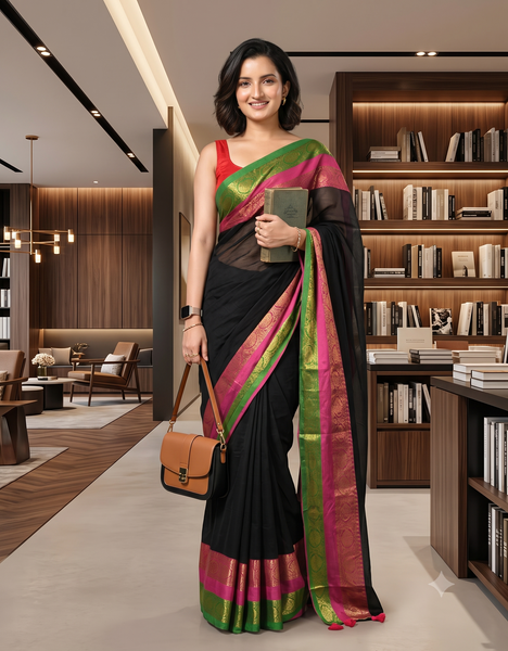 dB DESH BIDESH Women's Kanjivaram Soft Cotton Linen Silk Saree Rajrani Design Latest, Fancy South India Style Saree With Blouse Piece (Black Saree)