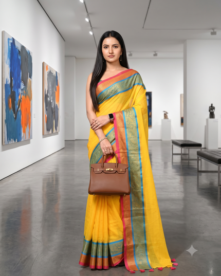 dB DESH BIDESH Women's Kanjivaram Soft Cotton Linen Silk Saree Rajrani Design Latest, Fancy South India Style Saree With Blouse Piece (Yellow Saree)