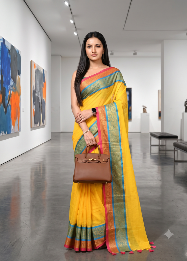 dB DESH BIDESH Women's Kanjivaram Soft Cotton Linen Silk Saree Rajrani Design Latest, Fancy South India Style Saree With Blouse Piece (Yellow Saree)
