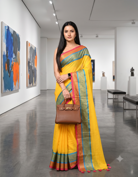 dB DESH BIDESH Women's Kanjivaram Soft Cotton Linen Silk Saree Rajrani Design Latest, Fancy South India Style Saree With Blouse Piece (Yellow Saree)