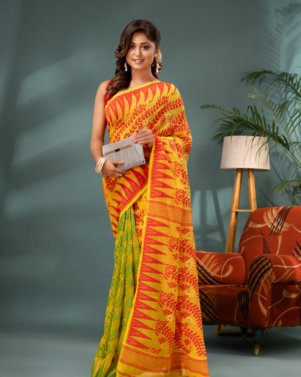 Multicolor Tamarind Leaf Dhakai Jamdani Cotton Saree Without Blouse Piece