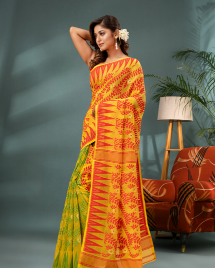 Multicolor Tamarind Leaf Dhakai Jamdani Cotton Saree Without Blouse Piece