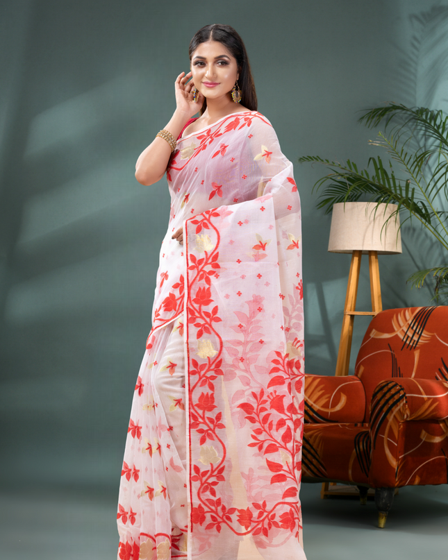 Women’s Kaveri Flower Design Dhakai Jamdani Bengal Pure Cotton Handloom Saree – Without Blouse Piece