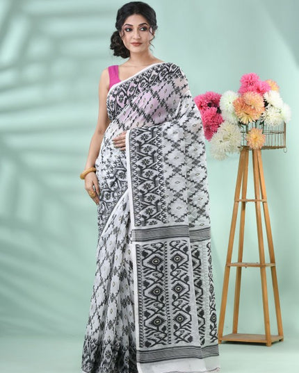 DESH BIDESH White & Black Woven Design Jamdani Saree with Matching Blouse Piece