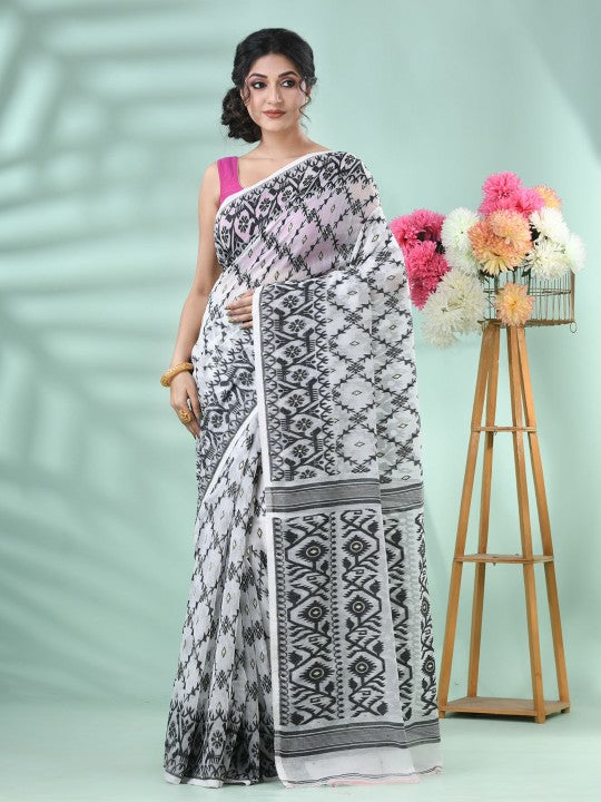 DESH BIDESH White & Black Woven Design Jamdani Saree with Matching Blouse Piece