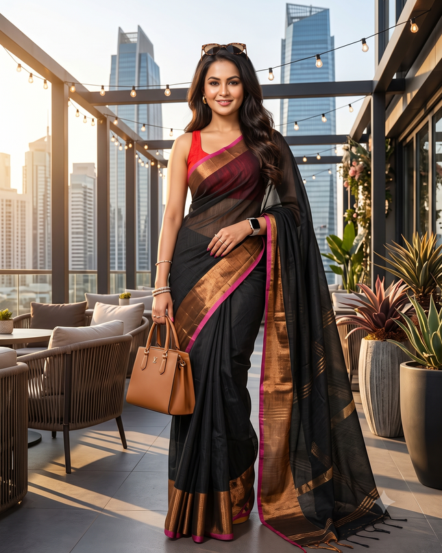dB DESH BIDESH Women`s Cotton Silk ajrakh Saree with Gold Zari Border RoopZari Trendy Cotton Soft Silk Saree | Saree for Woman (Black Saree)