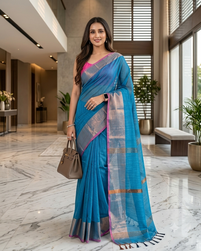 dB DESH BIDESH Women`s Cotton Silk ajrakh Saree with Gold Zari Border RoopZari Trendy Cotton Soft Silk Saree | Saree for Woman (Peacock Blue)