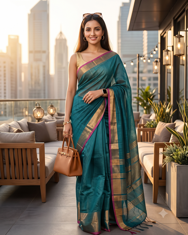 dB DESH BIDESH Women`s Cotton Silk ajrakh Saree with Gold Zari Border RoopZari Trendy Cotton Soft Silk Saree | Saree for Woman (Teal Green)