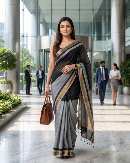 dB DESH BIDESH Women`s Mul Cotton Sarees Soft Zari Fancy Roshni Latest, Design Party, Wear Cotton Silk Saree For Woman With Blouse Piece (Black Grey Golden)